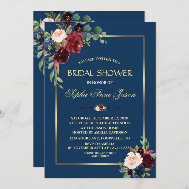 Burgundy Navyblå Blommig Guld Ram Bröllopsfest Inbjudningar (Fram/baksida)