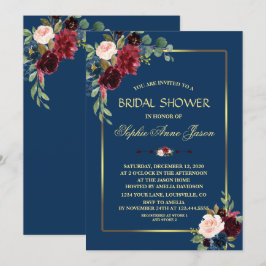 Burgundy Navyblå Blommig Guld Ram Bröllopsfest Inbjudningar