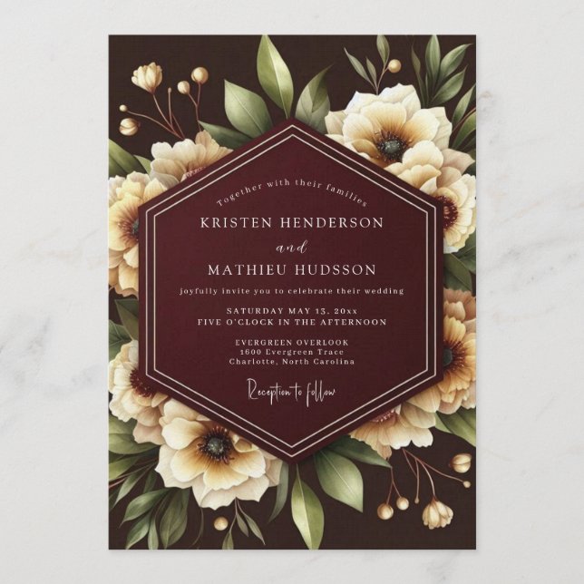 Burgundy Nocturne Bloom Wedding Inbjudningar (Framsida)