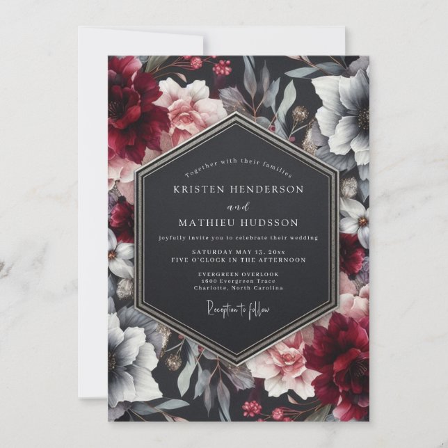 Burgundy Noir Floral Wedding Inbjudningar (Framsida)