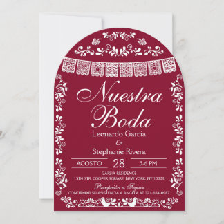 Burgundy Nuestra Boda Papel Picado Spanish Wedding Inbjudningar