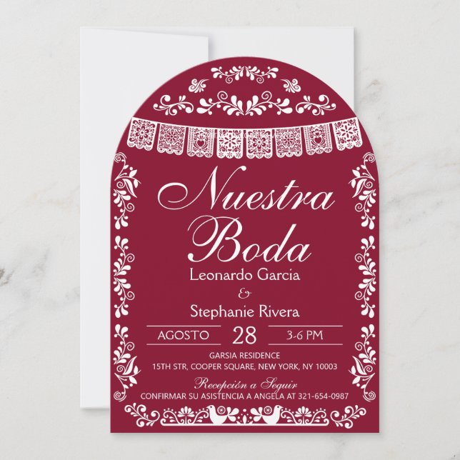 Burgundy Nuestra Boda Papel Picado Spanish Wedding Inbjudningar (Framsida)