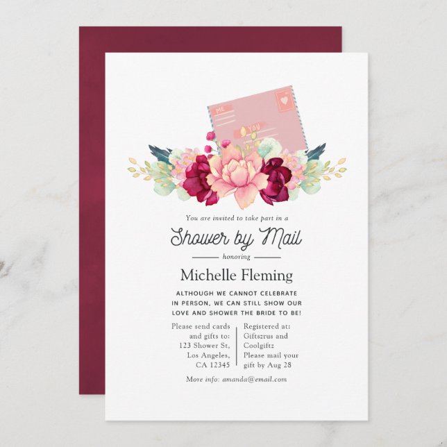 Burgundy och  Baby eller Möhippa via post Inbjudningar (Fram/baksida)