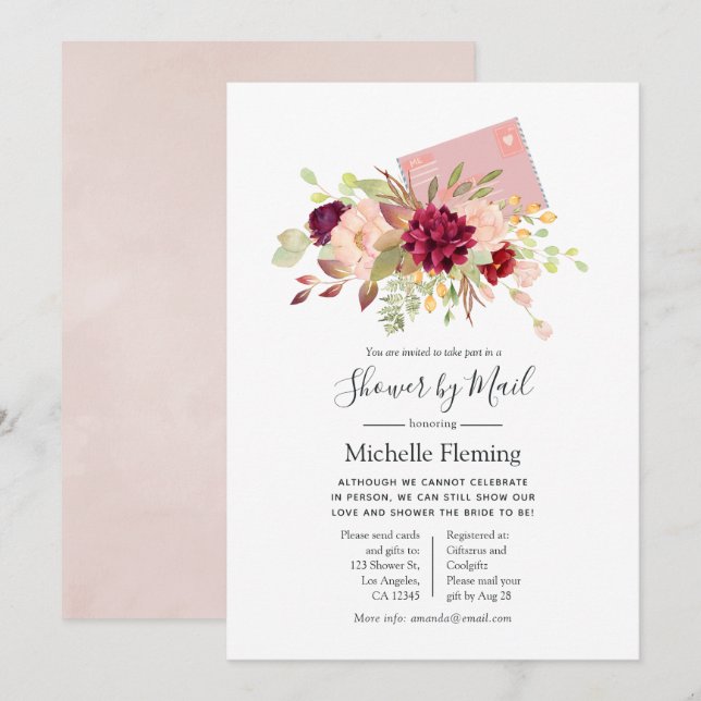 Burgundy och  Baby eller Möhippa via post Inbjudningar (Fram/baksida)