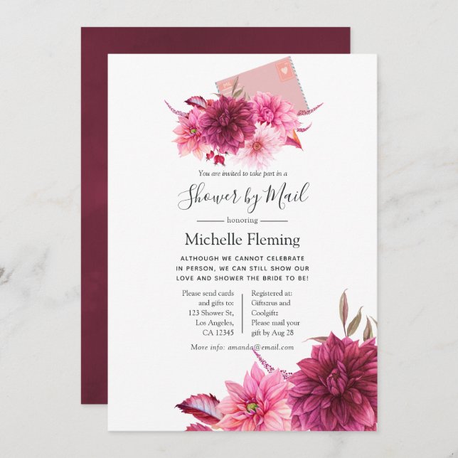 Burgundy och  Baby eller Möhippa via post Inbjudningar (Fram/baksida)