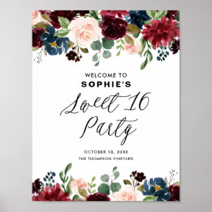 Burgundy och Blå Blommig Girlang Sweet Sixteen Poster