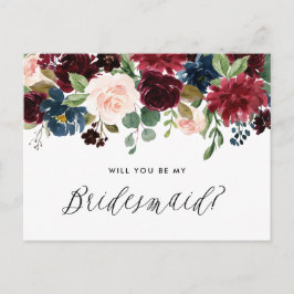 Burgundy och Blå Blommig Girlang Vara Min Brudtjän Inbjudan Vykort