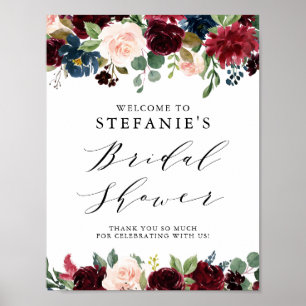 Burgundy och Blå Blommig Krans Bröllopsfest Poster