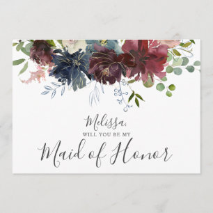 Burgundy och Blå Blommigt är min Maid of honor Inbjudningar