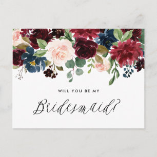 Burgundy och Blå Blommigt Garland är min bridesmai Inbjudan Vykort