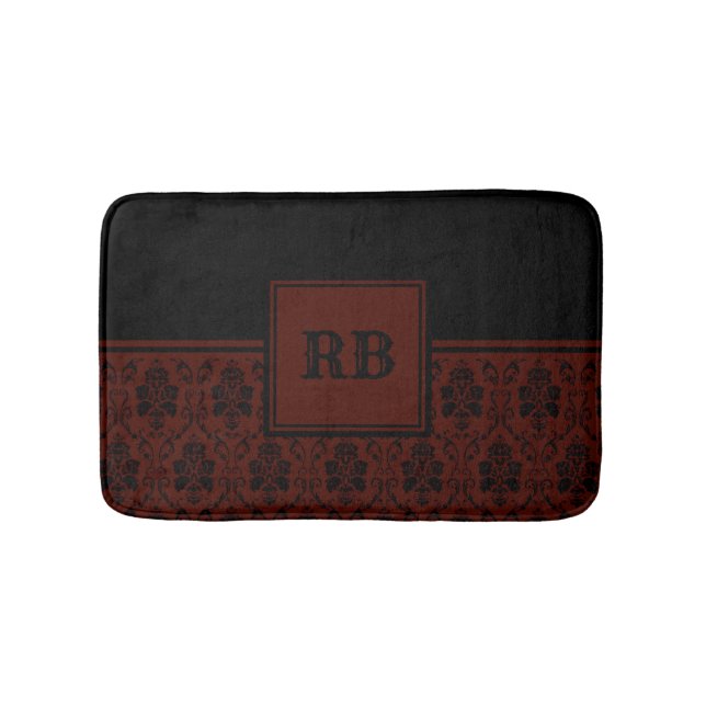 Burgundy och Black Damask Monogram Mönster Badrumsmatta (Framsidan)