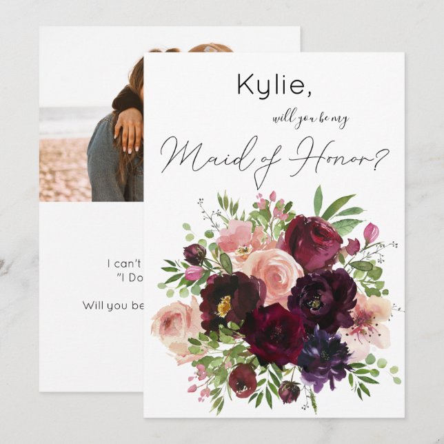Burgundy och  Blommigt är min Maid of honor? Foto Inbjudningar (Fram/baksida)
