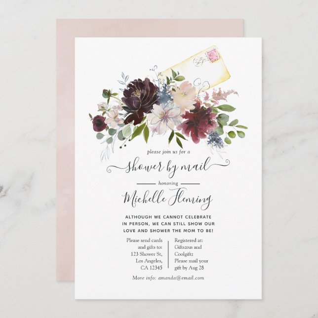 Burgundy och  Blommigt Baby Shower by Mail Inbjudningar (Fram/baksida)