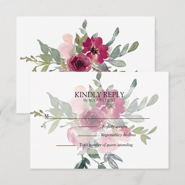 Burgundy och  blommigt bouquet Bröllop OSA Kort (Fram/baksida)