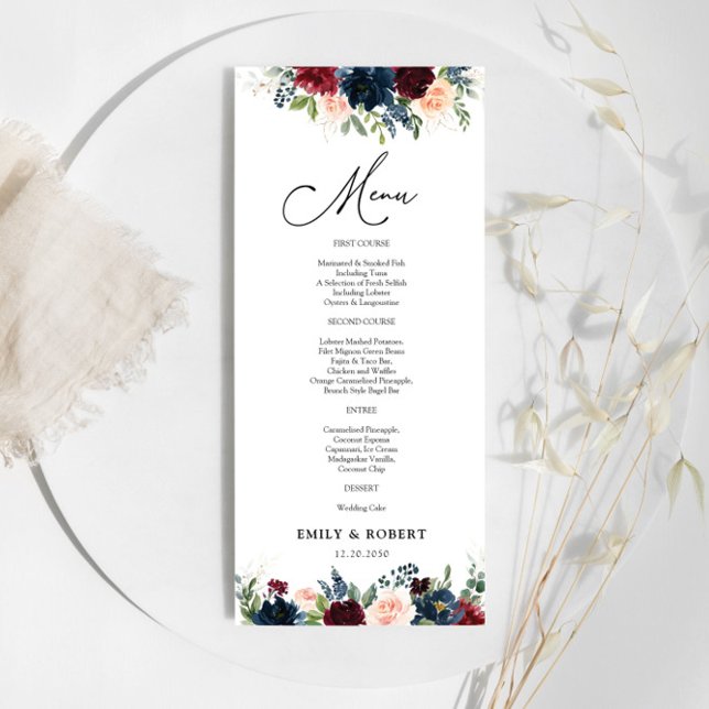 Burgundy och Blommigt Bröllop Ceremony Menu Meny (Skapare uppladdad)