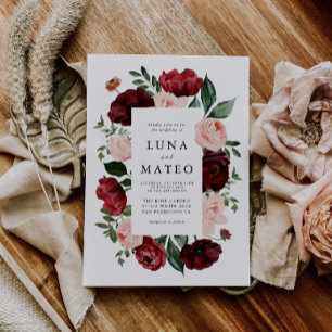 Burgundy och  Blommigt för vattenfärg, foto Bröllo Inbjudningar