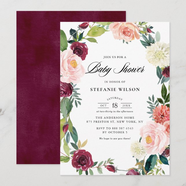 Burgundy och  Blommigt Utandningsfläkt Babyskåda Inbjudningar (Fram/baksida)