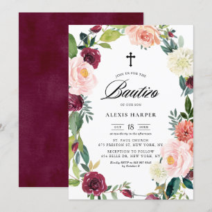 Burgundy och  Blommigt Utandningsinfall Bautizo Inbjudningar