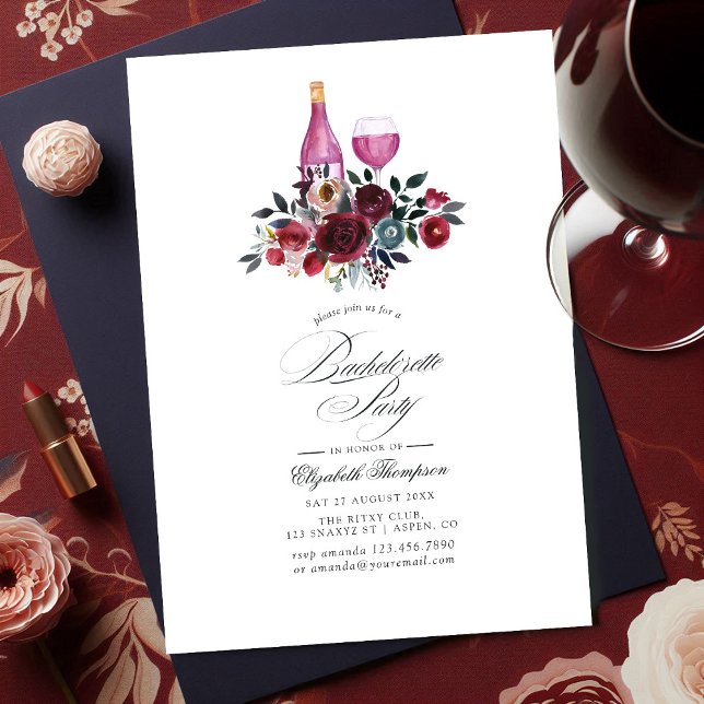 Burgundy och Blommigten Vin Bachelorette Party Inbjudningar (Burgundy and Navy Floral Wine Bachelorette Party Invitation)