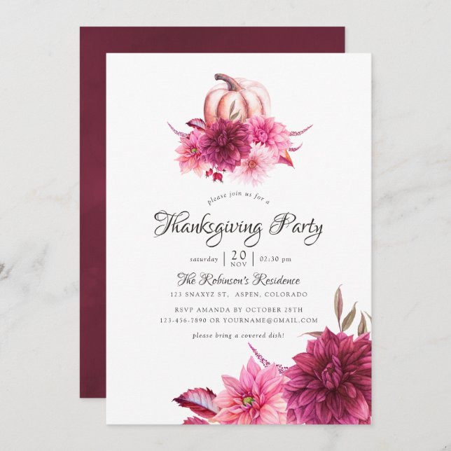 Burgundy och  Blommigtens Thanksgiving Party Inbjudningar (Fram/baksida)