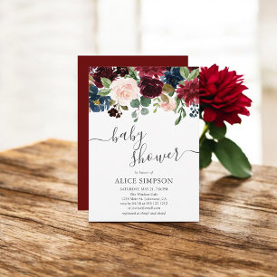 Burgundy och Blue Baby Shower för elegant Blommigt Inbjudningar