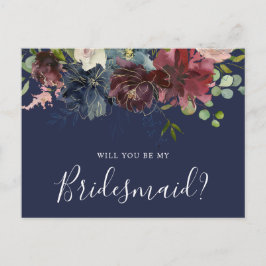 Burgundy och Blue Blommigt blir min bridesmaid Inbjudan Vykort
