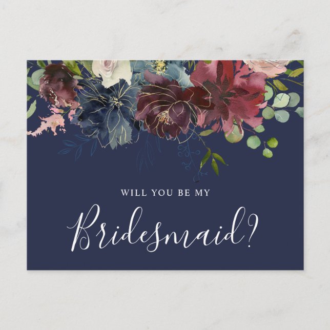 Burgundy och Blue Blommigt blir min bridesmaid Inbjudan Vykort (Framsida)