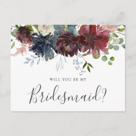 Burgundy och Blue Blommigt blir min bridesmaid Inbjudan Vykort