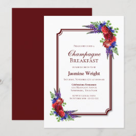 Burgundy och Blue Blommigt Champagne Breakfast Inbjudningar