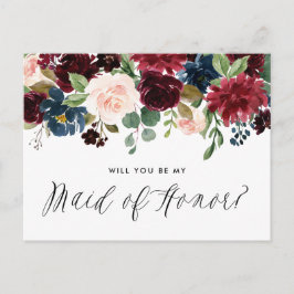 Burgundy och Blue Blommigt Garland Maid of honor Inbjudan Vykort