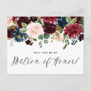 Burgundy och Blue Blommigt Garland Matron of Honor Inbjudan Vykort