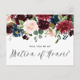 Burgundy och Blue Blommigt Garland Matron of Honor Inbjudan Vykort