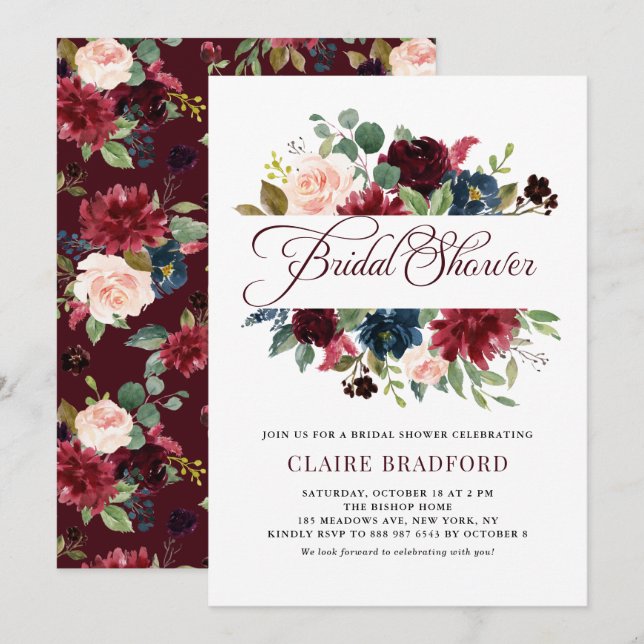 Burgundy och Blue Blommigt Ram Fall Möhippa Inbjudningar (Fram/baksida)