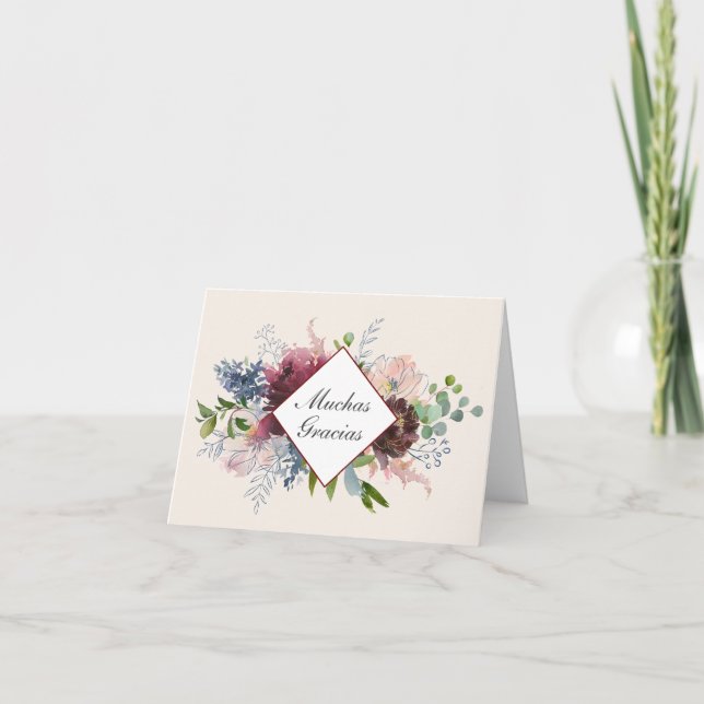 Burgundy och Blue Blommigt Tack på spanska Kort (Framsida)