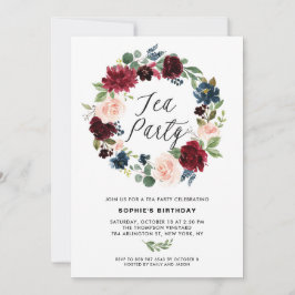 Burgundy och Blue Blommigt Wandea Tea Party Inbjudningar