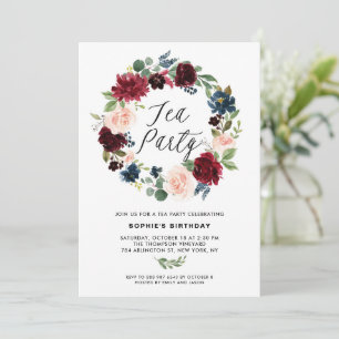 Burgundy och Blue Blommigt Wandea Tea Party Inbjudningar