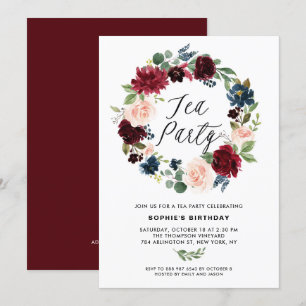 Burgundy och Blue Blommigt Wandea Tea Party Inbjudningar