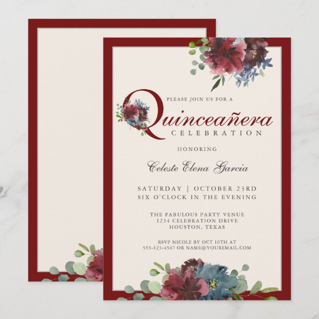 Burgundy och Blue Watercolor Blommigt Quinceanera Inbjudningar (Fram/baksida)