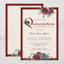Burgundy och Blue Watercolor Blommigt Quinceanera