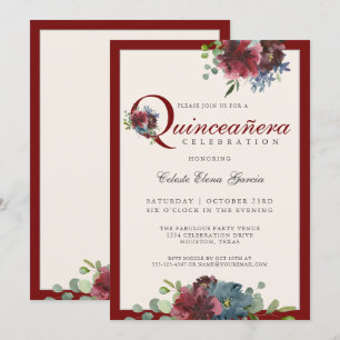Burgundy och Blue Watercolor Blommigt Quinceanera Inbjudningar