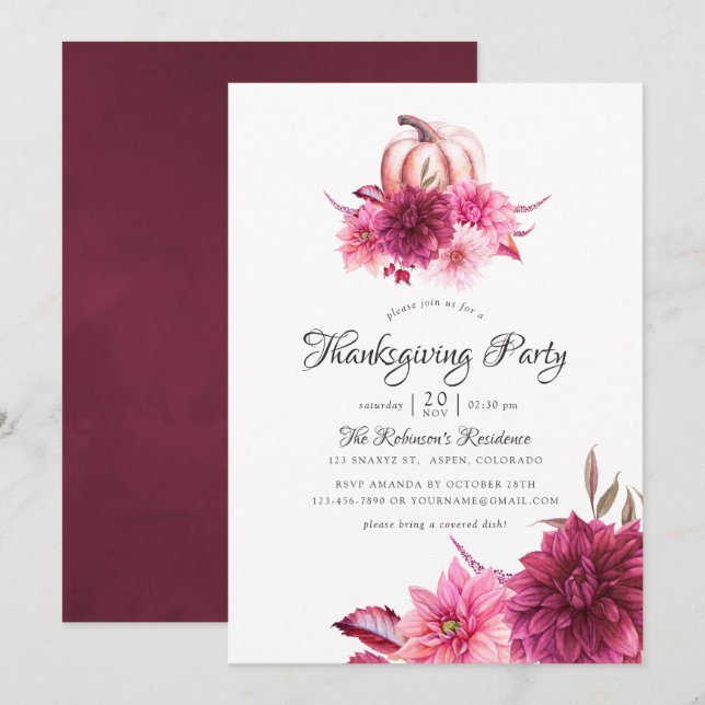Burgundy och Blush Blommig Thanksgivingfest Inbjudningar (Fram/baksida)