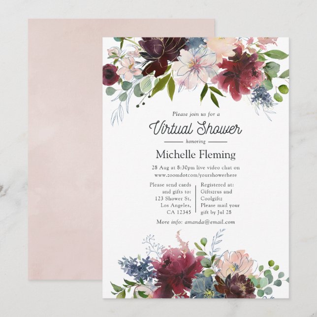 Burgundy och Blush Blommig Virtuell Bebis Bjudning Inbjudningar (Fram/baksida)