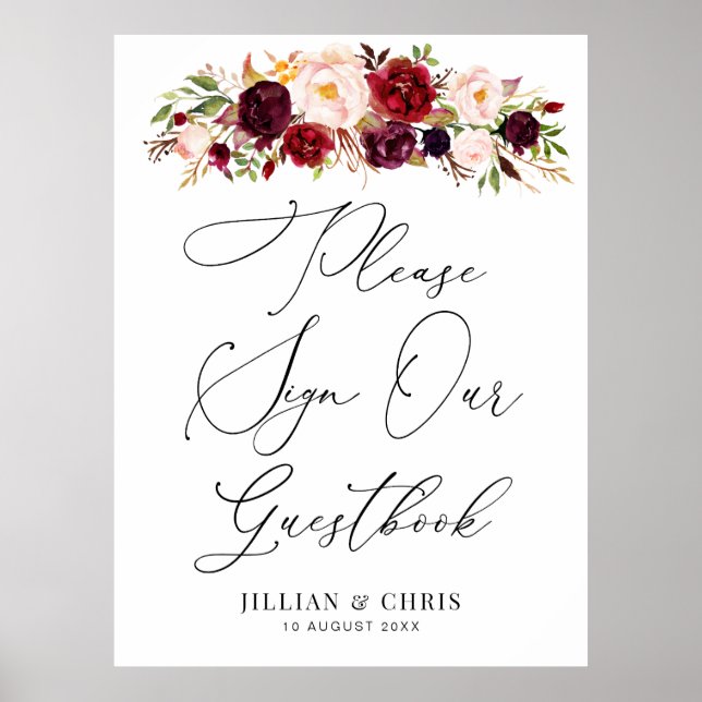 Burgundy och blush blomster gästbokskylt poster (Framsidan)