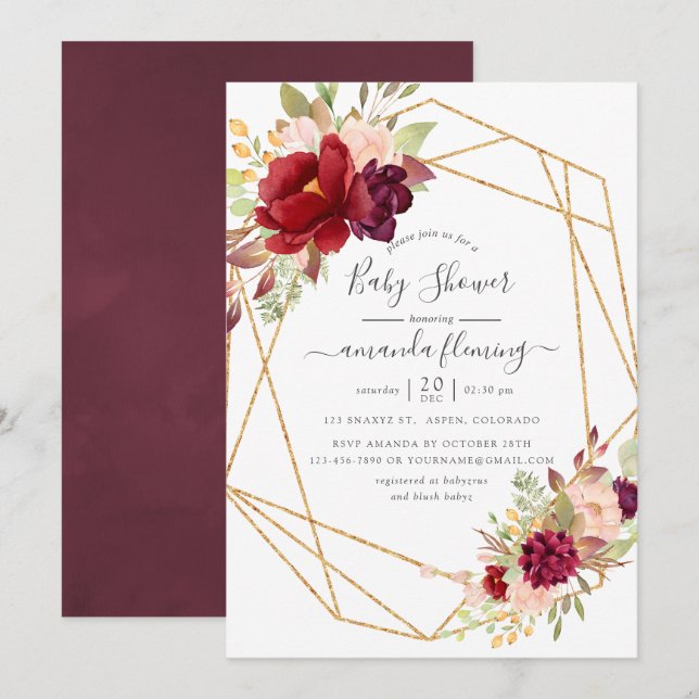 Burgundy och Blush Boho Geometrisk Bebisbad Inbjudningar (Fram/baksida)