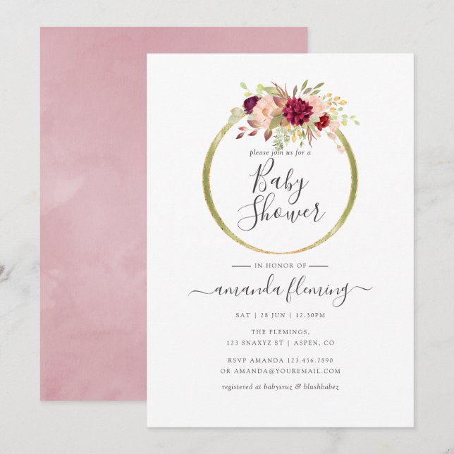 Burgundy och Blush Boho Geometrisk Bebisbad Inbjudningar (Fram/baksida)