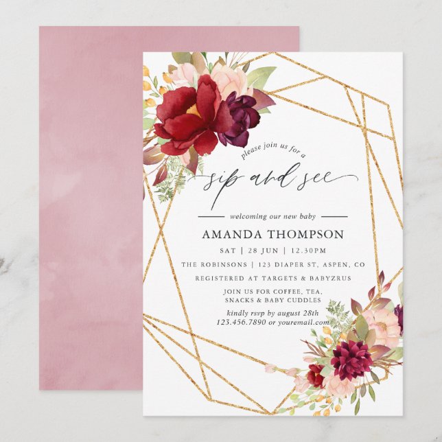 Burgundy och Blush Boho Geometrisk Sip and See Inbjudningar (Fram/baksida)