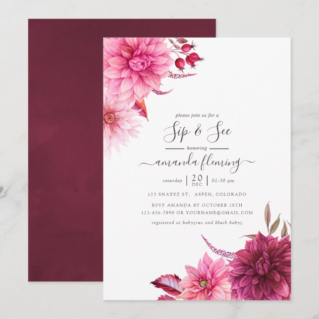 Burgundy och Blush Höst Fall Floral Smaka och Se Inbjudningar (Fram/baksida)