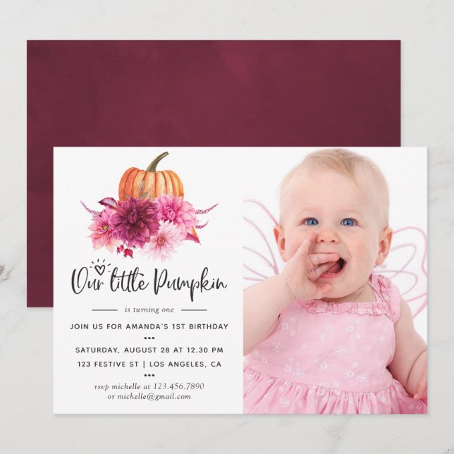 Burgundy och Blush Höst Fall Pumpa Födelsedag Inbjudningar (Fram/baksida)