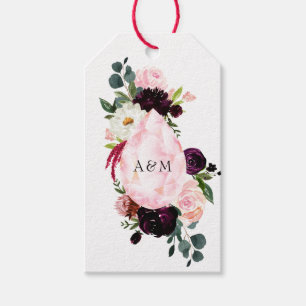 Burgundy och Blush Rosa Diamant Blommig Monogram Presentetikett