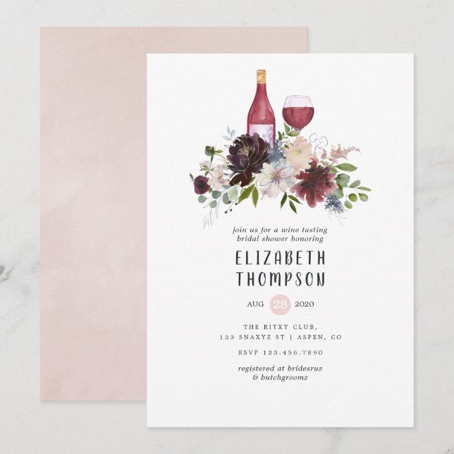 Burgundy och Blush Rosa Vinprovning Bröllopsdusch Inbjudningar (Fram/baksida)